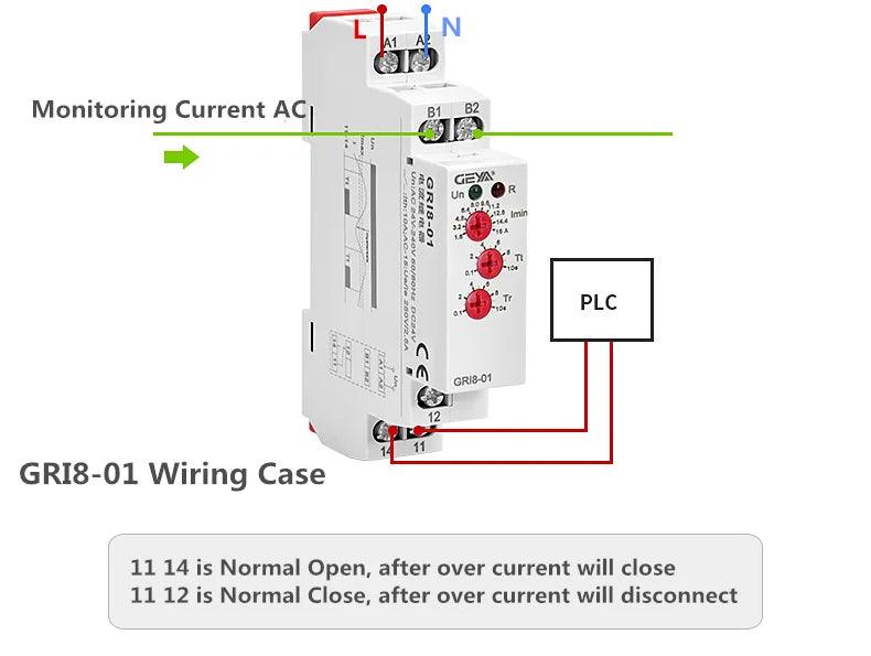 GEYA GRI8-01/02 Relé de monitoramento de corrente 0,5A 1A 2A 5A 8A 16A ACDC24V-240V Relé de proteção de sobrecorrente e subcorrente