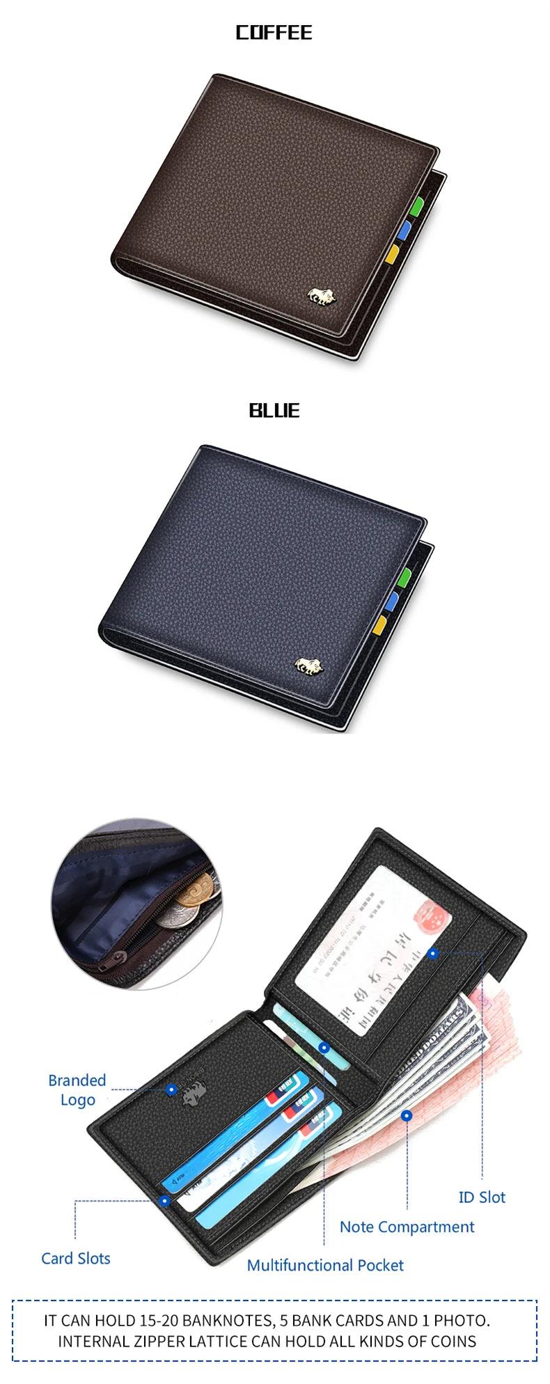 BISON DENIM Carteiras masculinas de couro legítimo, carteira de luxo com RFID, porta-moedas com zíper, porta-cartões de visita, carteira N4470