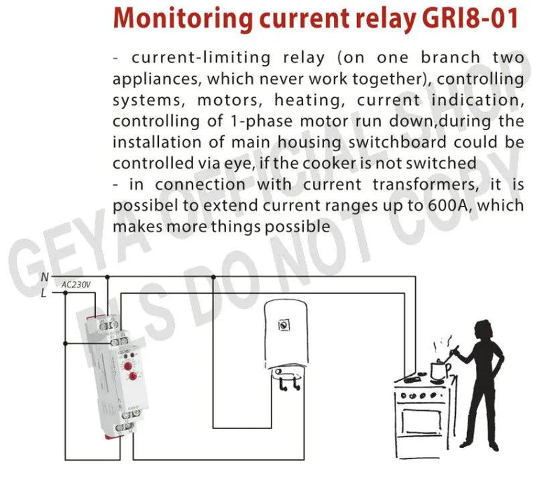 GEYA GRI8-01/02 Relé de monitoramento de corrente 0,5A 1A 2A 5A 8A 16A ACDC24V-240V Relé de proteção de sobrecorrente e subcorrente