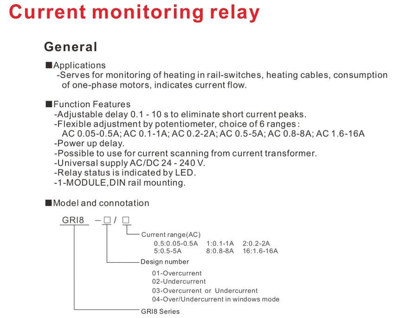 GEYA GRI8-01/02 Relé de monitoramento de corrente 0,5A 1A 2A 5A 8A 16A ACDC24V-240V Relé de proteção de sobrecorrente e subcorrente