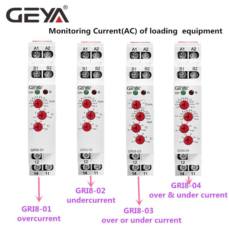 GEYA GRI8-01/02 Relé de monitoramento de corrente 0,5A 1A 2A 5A 8A 16A ACDC24V-240V Relé de proteção de sobrecorrente e subcorrente