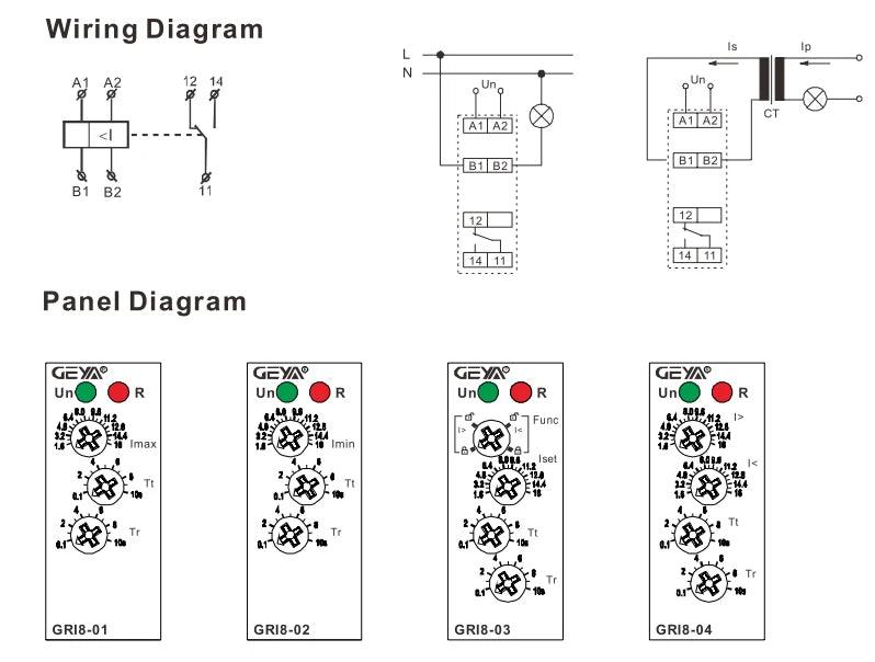 GEYA GRI8-01/02 Relé de monitoramento de corrente 0,5A 1A 2A 5A 8A 16A ACDC24V-240V Relé de proteção de sobrecorrente e subcorrente
