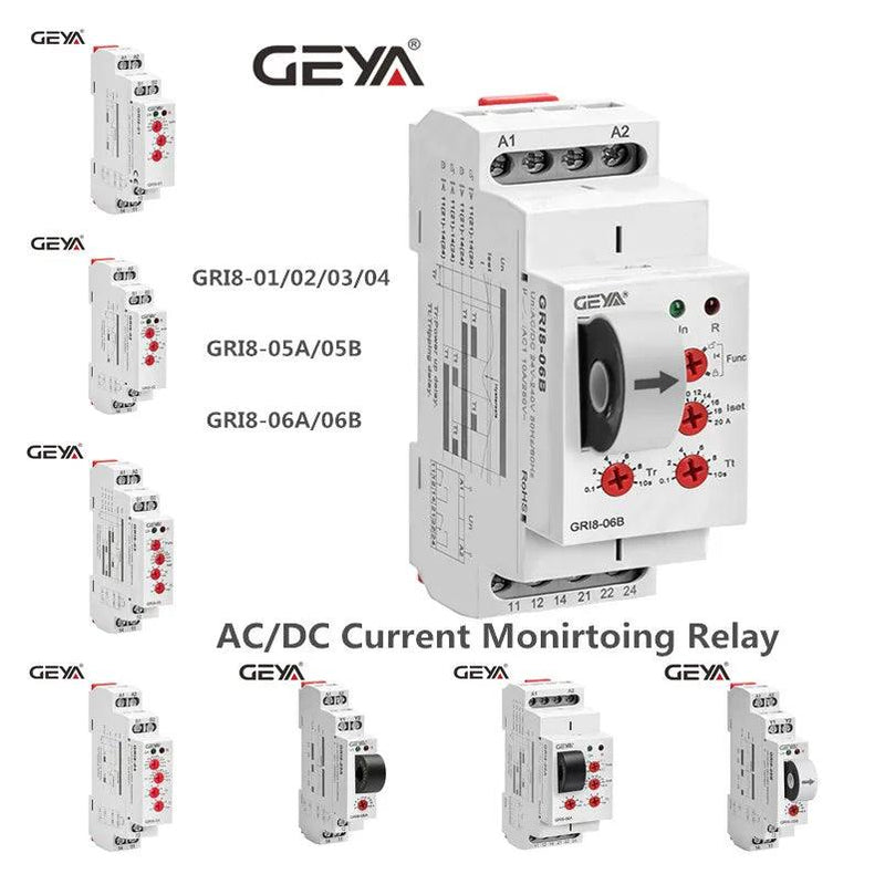 GEYA GRI8-01/02 Relé de monitoramento de corrente 0,5A 1A 2A 5A 8A 16A ACDC24V-240V Relé de proteção de sobrecorrente e subcorrente