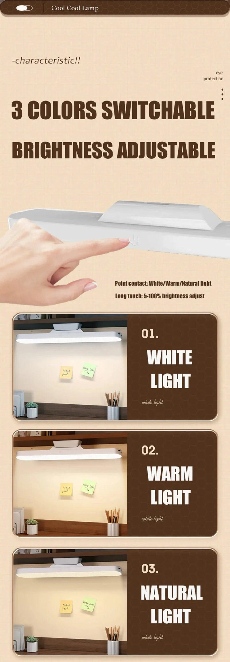 LED Touch Table Lamp Magnetic USB Rechargeable Eye Protection 3 Color Stepless Dimmable Cabinet Reading Book Lamp Night Light