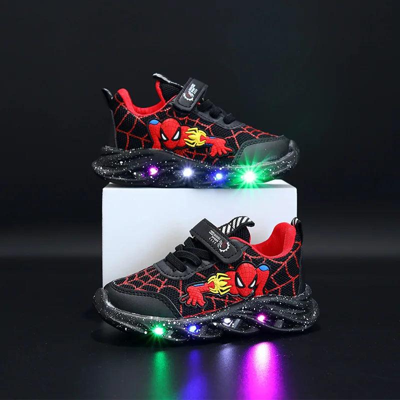 Tênis casuais LED vermelho preto para meninos primavera desenho animado malha sapatos ao ar livre crianças iluminados sapatos antiderrapantes tamanho 21-30