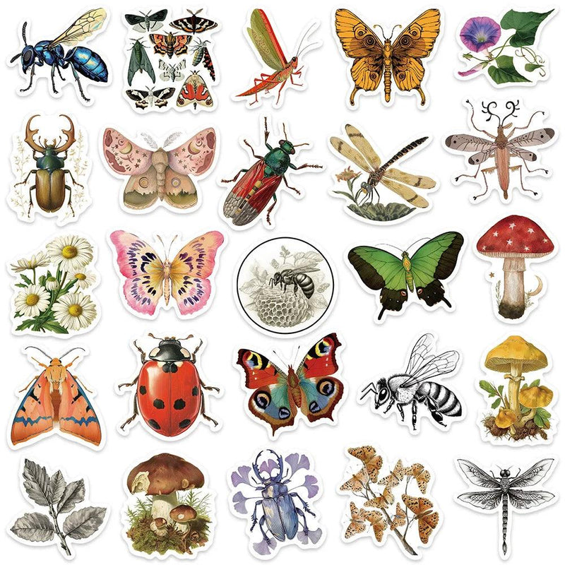 50pcs Aesthetic Retro Insectology Stickers Butterfly Bee Water Bottle Sticker Luggage Laptop Guitar Phone Waterproof Decals