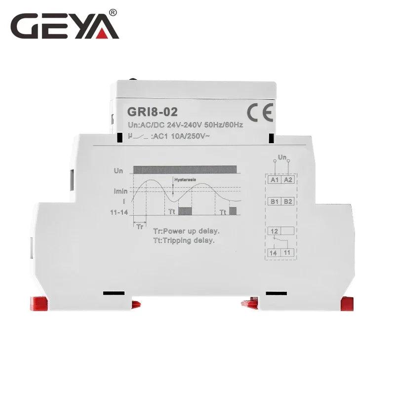 GEYA GRI8-01/02 Relé de monitoramento de corrente 0,5A 1A 2A 5A 8A 16A ACDC24V-240V Relé de proteção de sobrecorrente e subcorrente