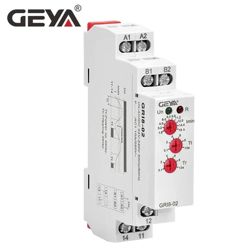 GEYA GRI8-01/02 Relé de monitoramento de corrente 0,5A 1A 2A 5A 8A 16A ACDC24V-240V Relé de proteção de sobrecorrente e subcorrente