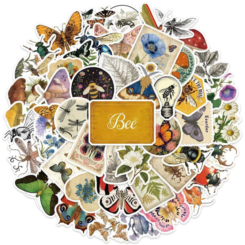 50pcs Aesthetic Retro Insectology Stickers Butterfly Bee Water Bottle Sticker Luggage Laptop Guitar Phone Waterproof Decals