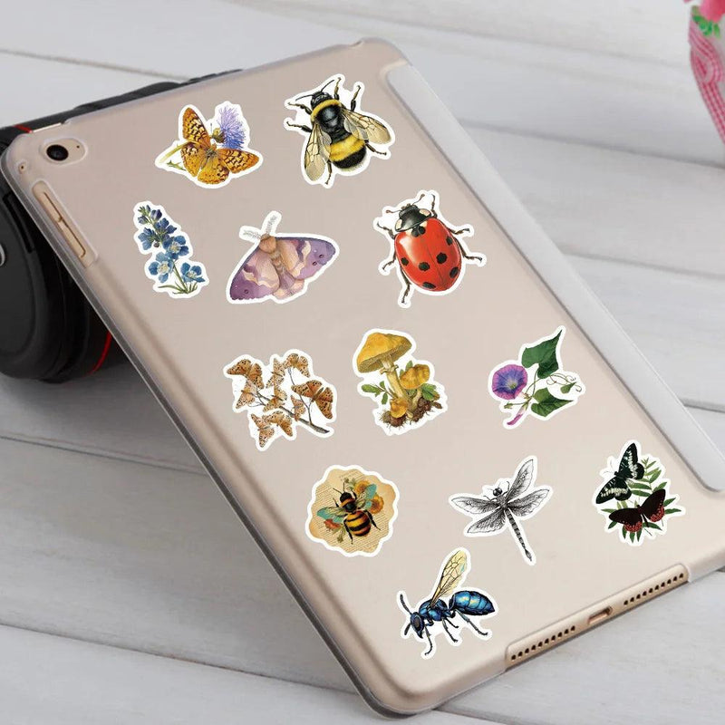 50pcs Aesthetic Retro Insectology Stickers Butterfly Bee Water Bottle Sticker Luggage Laptop Guitar Phone Waterproof Decals